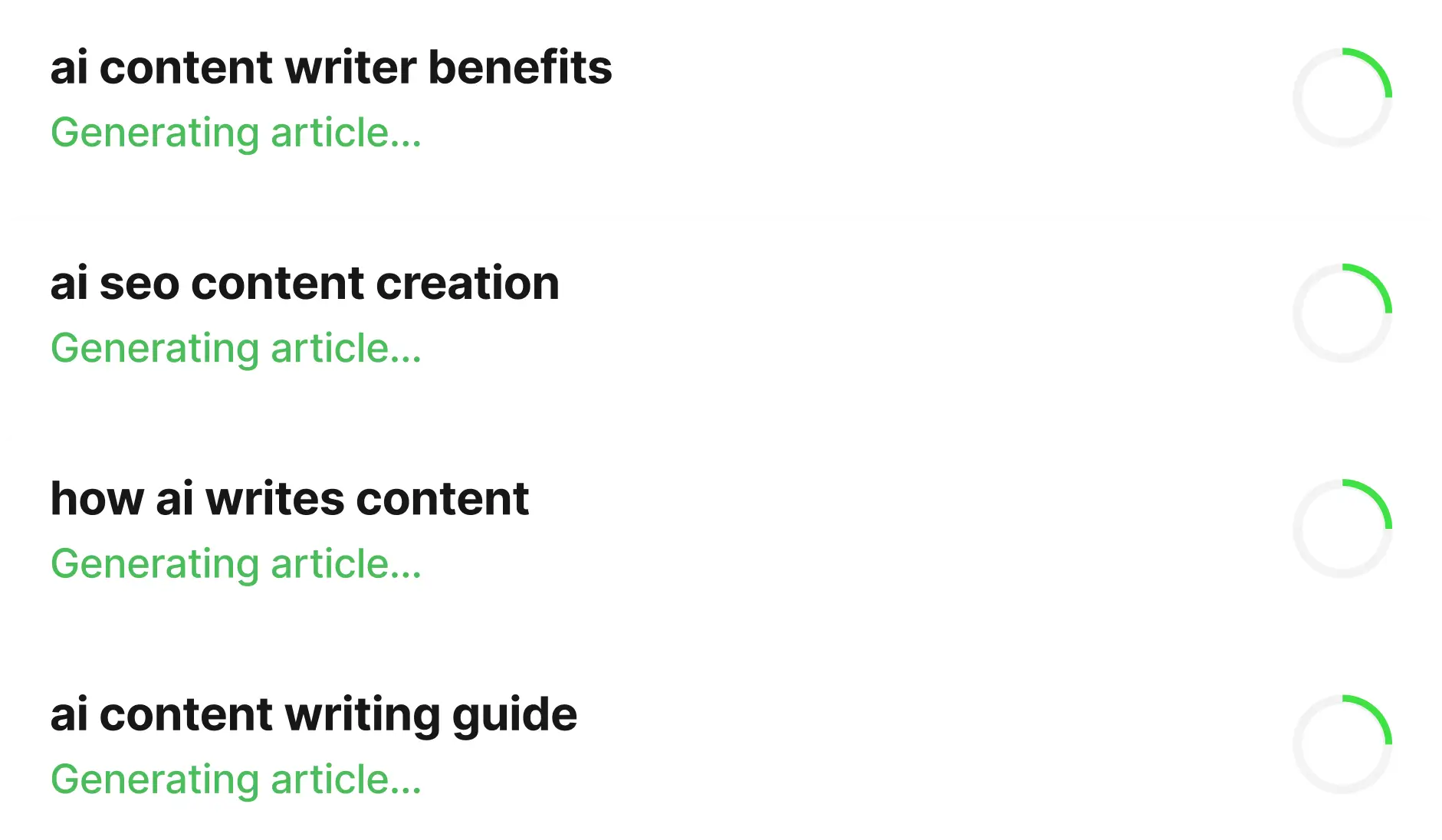 Bulk generation queue showing multiple articles being created